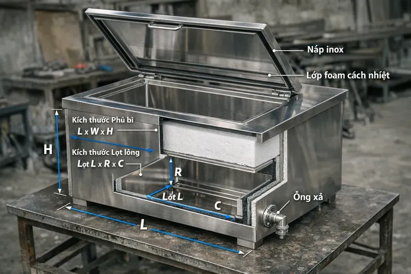 Kích thước thùng đá inox gồm những thông số nào cần kiểm tra?