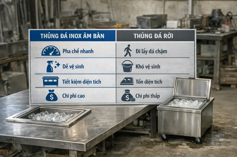Nên chọn thùng đá inox âm bàn hay thùng đá rời để tối ưu thao tác?