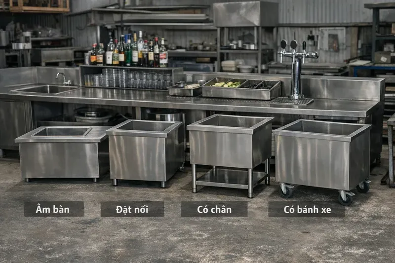Phân loại theo kiểu lắp đặt: âm bàn, đặt nổi, có chân, có bánh xe (chọn size đúng nhu cầu)