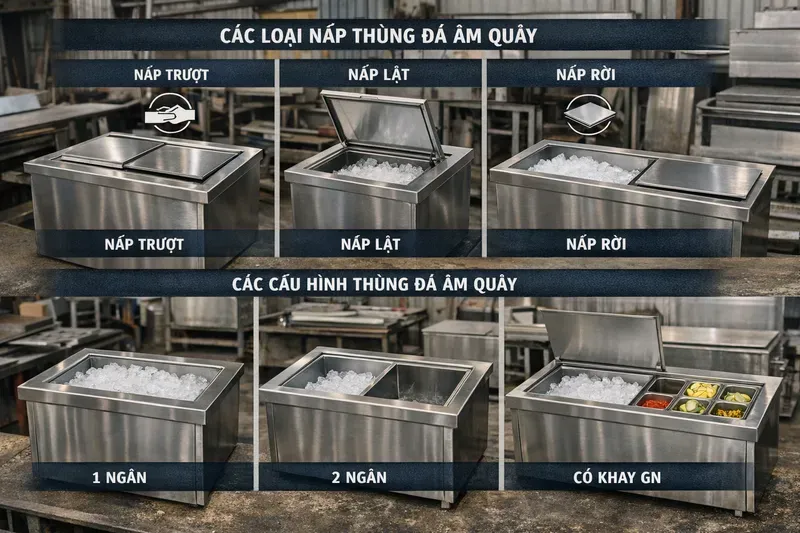 Phân loại thùng đá âm quầy: nắp, ngăn, khay topping & cấu hình quầy bar