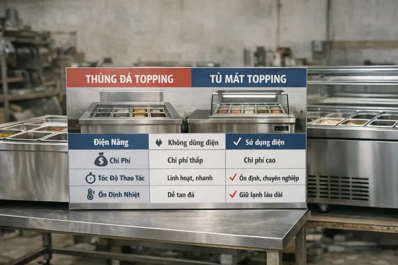 So sánh thùng đá topping với tủ mát/tủ topping dùng điện (chọn theo nhu cầu)
