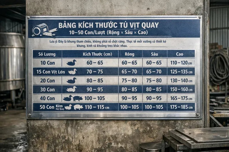 Bảng tham chiếu kích thước tủ vịt quay 10–50 con/lượt (rộng × sâu × cao)