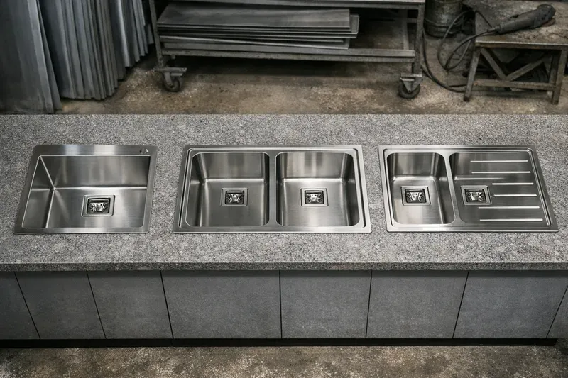 Các loại bồn rửa/chậu rửa cho “bồn đá inox”: 1 hố, 2 hố, có bàn chờ, có kệ