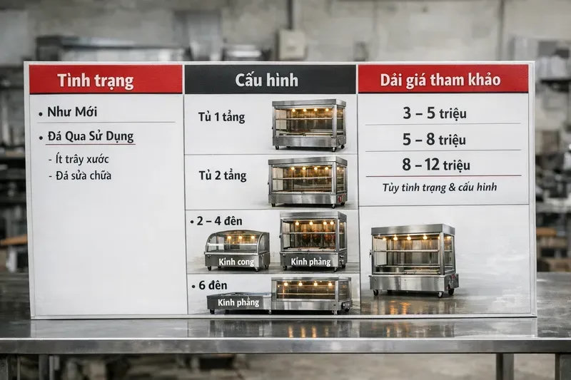 Giá tủ vịt quay thanh lý hiện nay: khung giá theo tình trạng & cấu hình