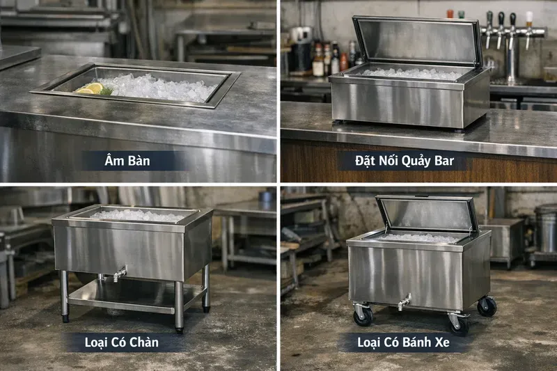 Phân loại thùng đá inox theo thiết kế: âm bàn, quầy bar, có chân/bánh xe