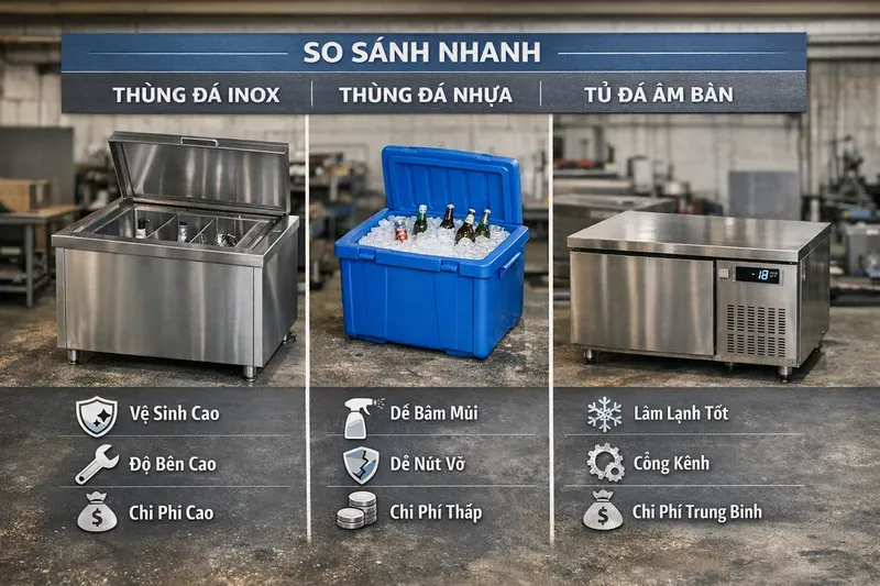So sánh nhanh: thùng đá inox quầy bar vs thùng đá nhựa vs tủ đá quầy bar