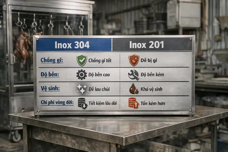 So sánh tủ vịt quay inox 304 và inox 201: khác nhau ở đâu?