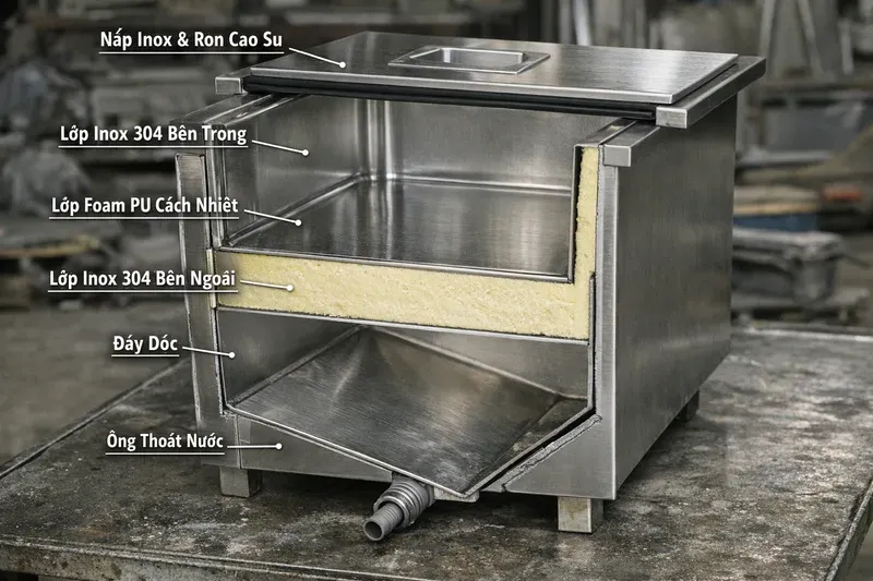 Cấu tạo chuẩn của thùng đá inox âm bàn (để giữ lạnh lâu, sạch và bền)