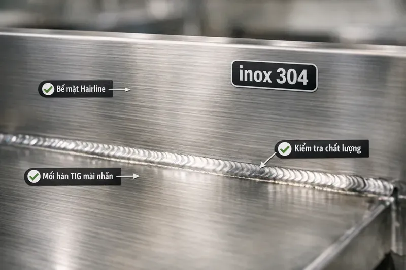 Chọn inox 304 hay inox 201 cho thùng đá inox âm quầy? (Tiêu chuẩn & hoàn thiện)
