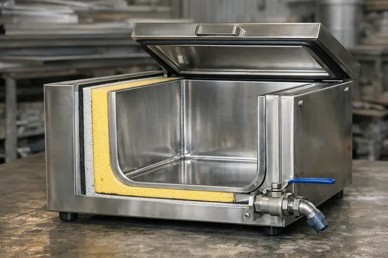 Cấu tạo thùng đá inox: inox, foam PU, nắp, gioăng, thoát nước