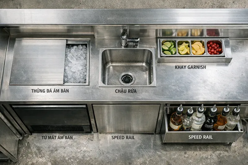 Phân loại thùng đá inox quầy bar theo thiết kế: âm bàn, đặt nổi, kèm chân