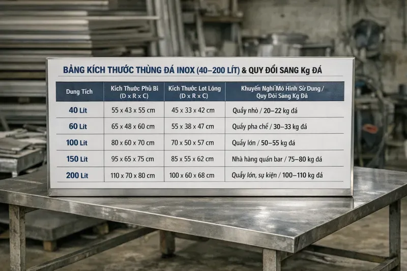 Bảng kích thước thùng đá inox tham khảo theo dung tích (40–200 lít) & cách quy đổi sang kg đá
