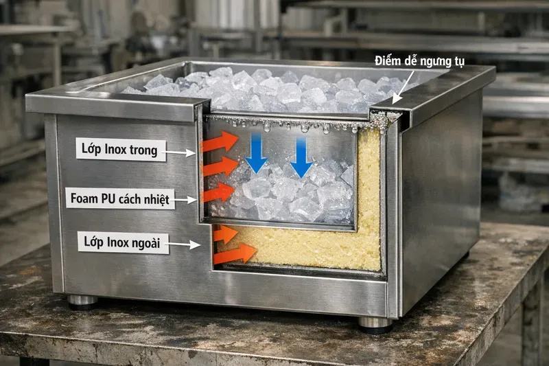 Thùng đá inox âm quầy giữ đá được bao lâu? Cấu tạo 2–3 lớp, foam PU & chống ngưng tụ