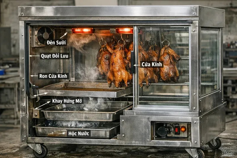 Cấu tạo tủ kính vịt quay: kính – đèn sưởi – khay/hộc nước phối hợp ra sao?