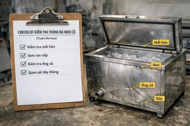 Checklist kiểm tra thùng đá inox cũ trước khi mua (tránh lỗi ẩn tốn tiền)