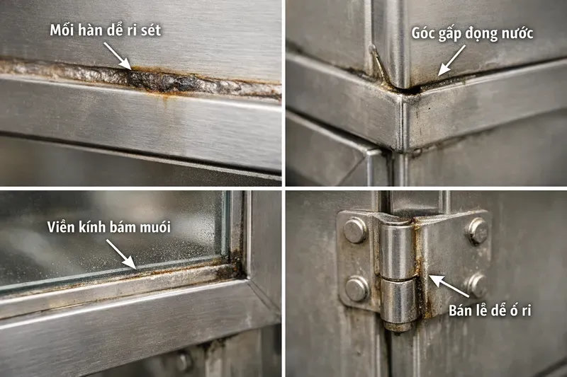 Điểm dễ bị rỉ trên tủ vịt quay và nguyên nhân (kể cả inox 304)