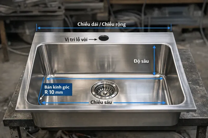 Thông số kỹ thuật cần biết: kích thước bồn đá inox, độ dày, độ sâu, góc chậu