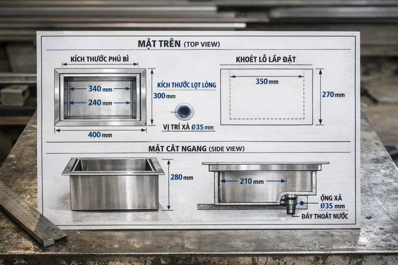 Chọn kích thước/dung tích & bản vẽ khoét lỗ: đủ dùng, lắp vừa, thao tác nhanh