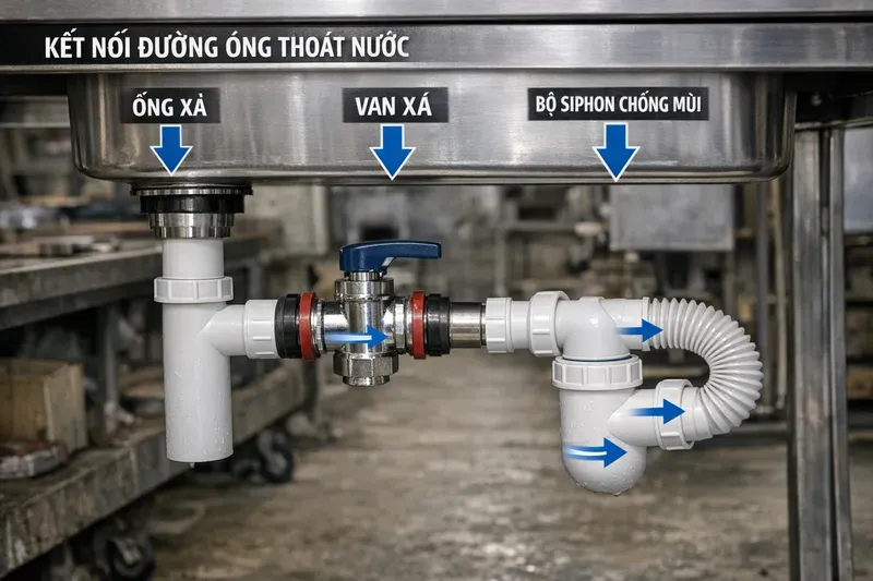Hệ thống thoát nước thùng đá inox âm quầy: ống xả/van xả/siphon lắp sao cho không rò & không mùi
