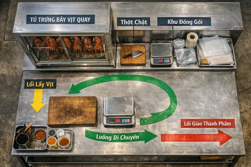 Bố trí mặt bằng quầy bán vịt quay: tối ưu tốc độ bán & trải nghiệm khách