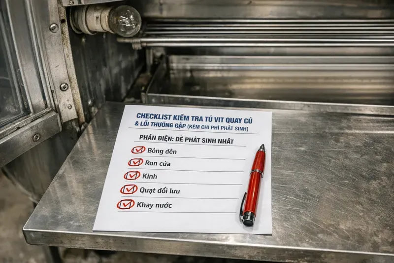 Checklist kiểm tra tủ vịt quay cũ & lỗi thường gặp (kèm chi phí phát sinh)