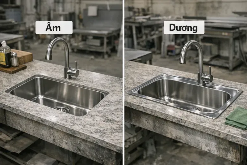 Lắp âm hay dương bàn đá cho bồn đá inox? So sánh thẩm mỹ và dễ vệ sinh