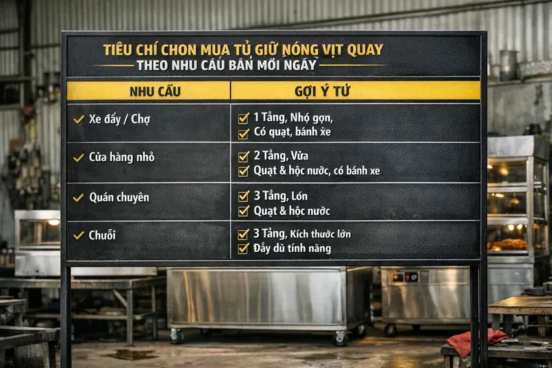 Tiêu chí chọn mua tủ giữ nóng vịt quay theo nhu cầu bán mỗi ngày