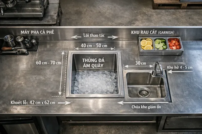 Cách chọn kích thước/dung tích & hướng dẫn lắp âm quầy (khoét lỗ, chừa khe, giảm ồn)
