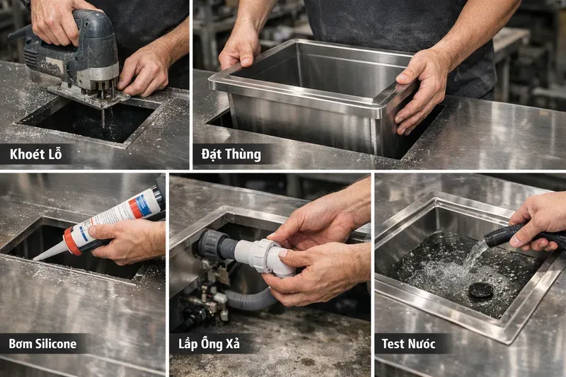 Hướng dẫn lắp đặt & vệ sinh thùng đá inox âm bàn (từng bước) + lỗi thường gặp