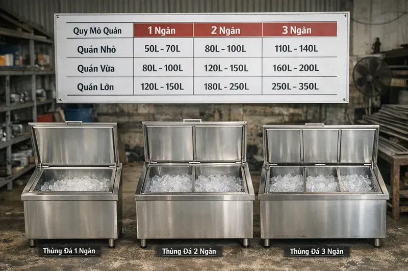 Chọn kích thước/dung tích thùng đá inox theo quy mô quán & kiểu ngăn