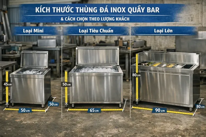 Kích thước thùng đá inox quầy bar phổ biến & cách chọn theo lượng khách