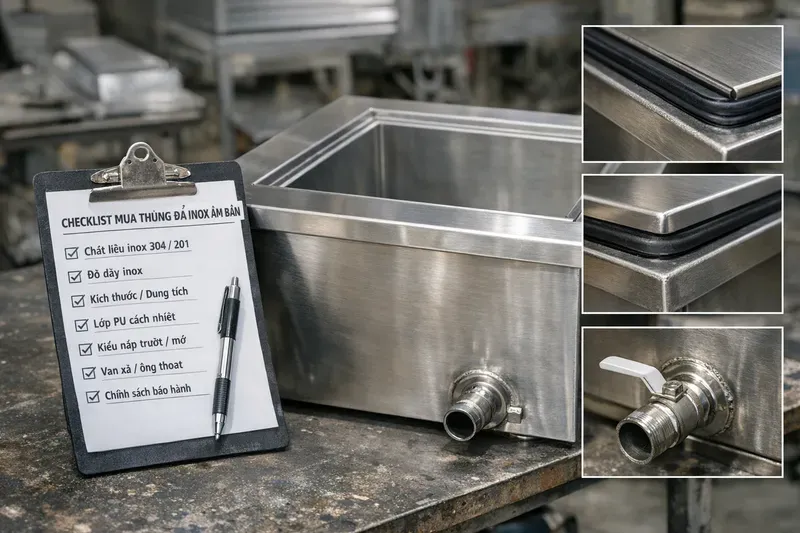 Báo giá, checklist kiểm tra khi mua & chính sách bảo hành thùng đá inox âm bàn