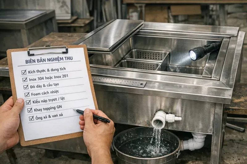 Giá thùng đá inox âm quầy, đặt theo yêu cầu, nghiệm thu–bảo hành & mua ở đâu